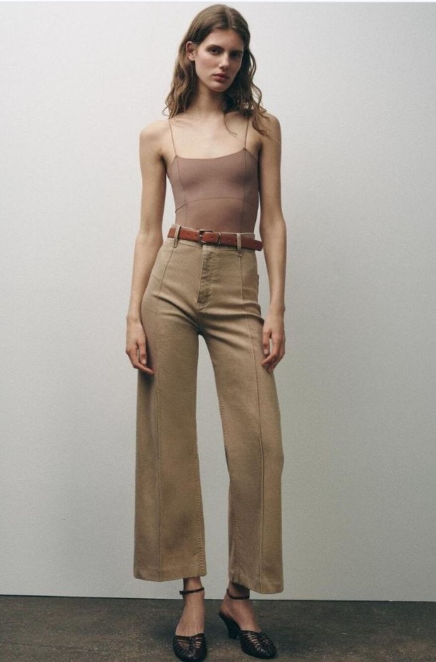 ZARA The ZW Tailored Wide Leg Denim Pants Beige Womens 10 High Rise Ankle NWT